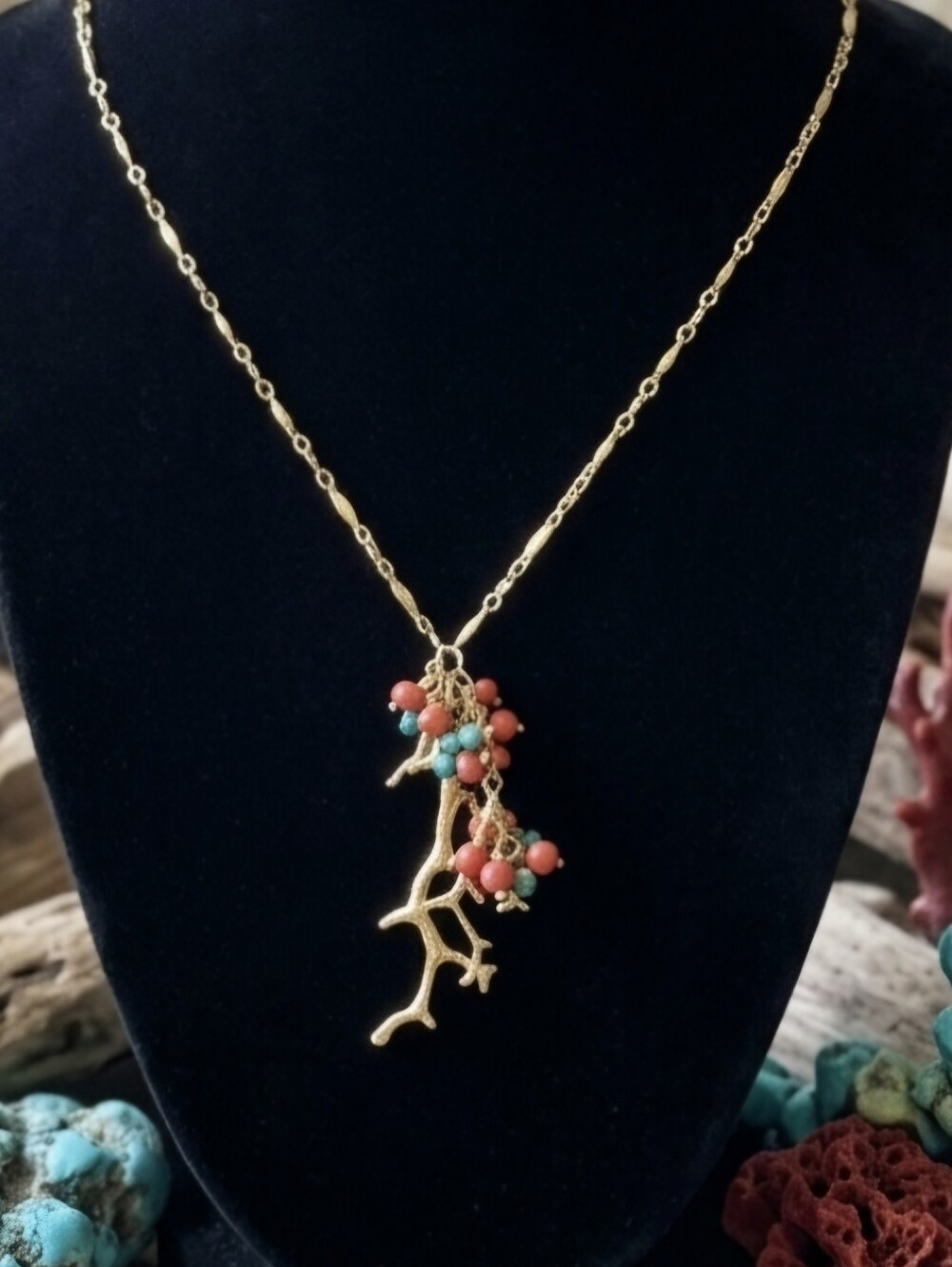 Gold Branch Pendant Necklace with Coral and Turquoise Beads